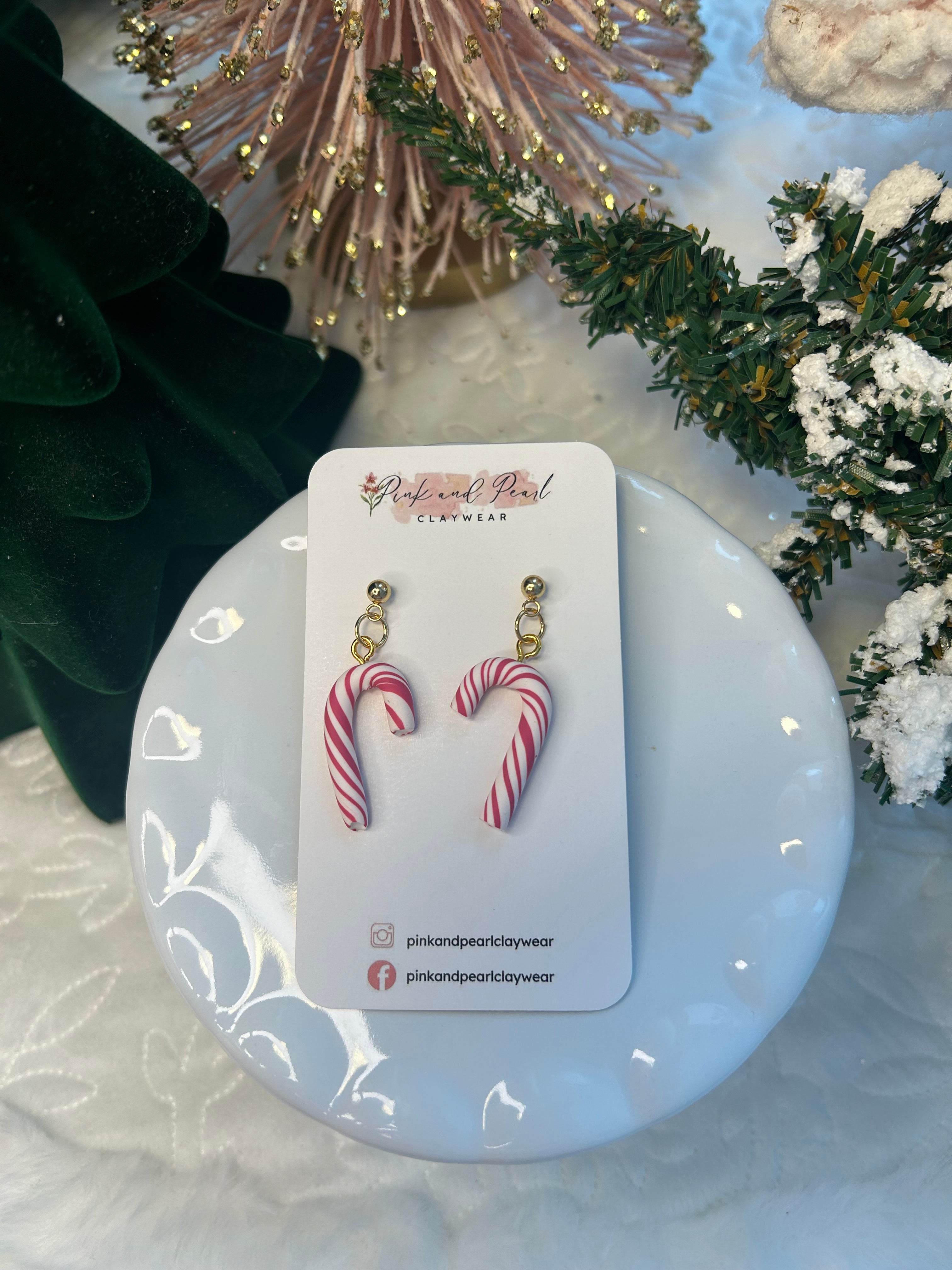 Pink candy cane dangles with gold